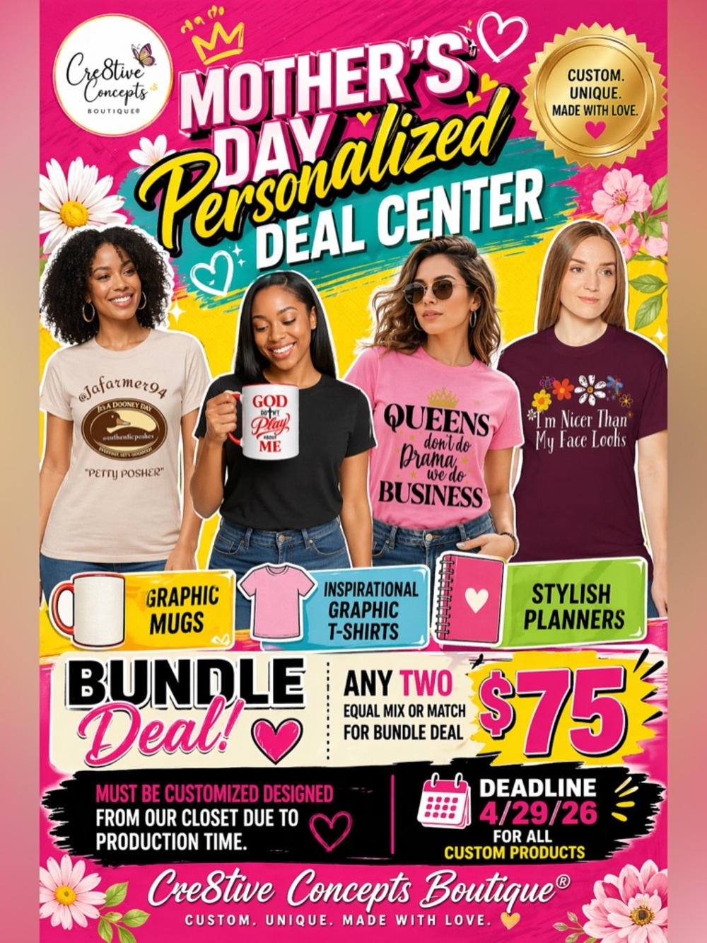 Bundle Any Two Custom Pieces – $75
Mix & Match from our exclusive collection